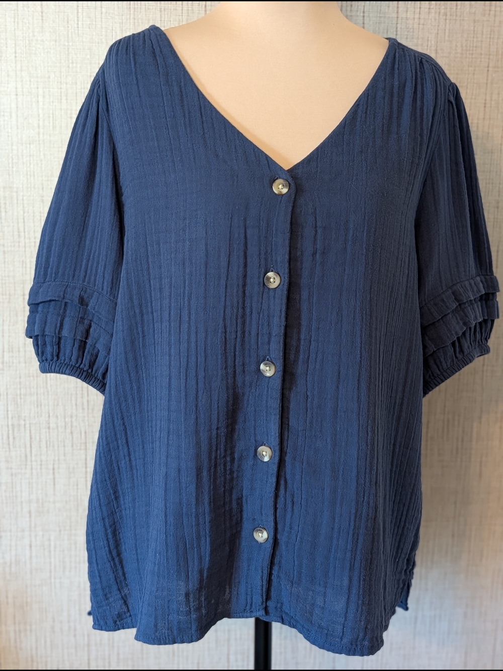 Sonoma Navy Textured Button-Front V-Neck Blouse